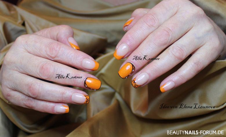 Orange mit schnörkeln und steine Frühling- & Sommer - naturnagelverstärkung mit gel und orange french Nailart