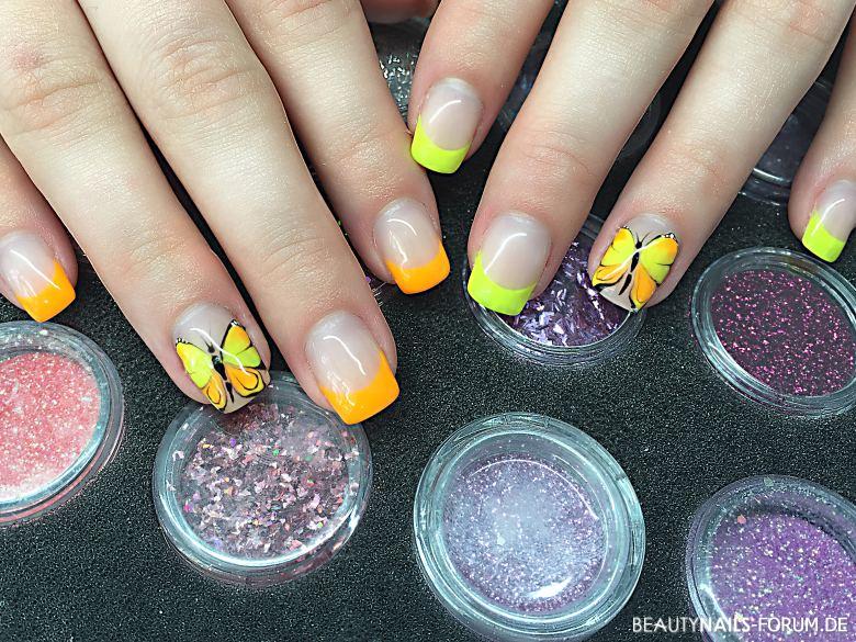 Sommernägel neon gelb und orange Frühling- & Sommer - Make Up von abc, Farbgel von HN. Motive auch mit Gel Nailart