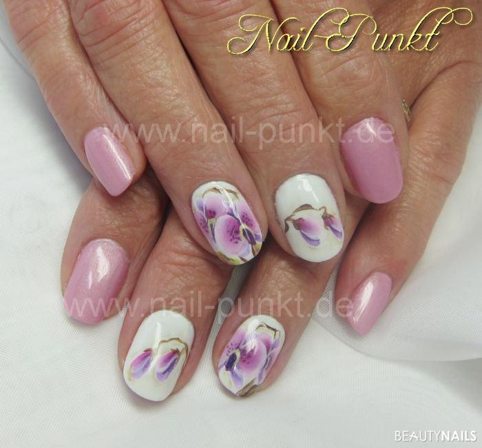 Fullcover rosa+weiß mit Orchideen (Pinselmalerei) Gelnägel - Naturnagelvestärkung, Gel. Farbgel von WillA (weiss) und Firstgel Nailart