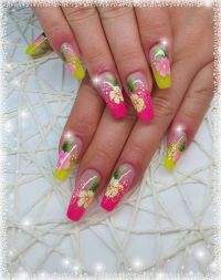 Gelb und Pink mit Airbrush-Blumen Gelnägel