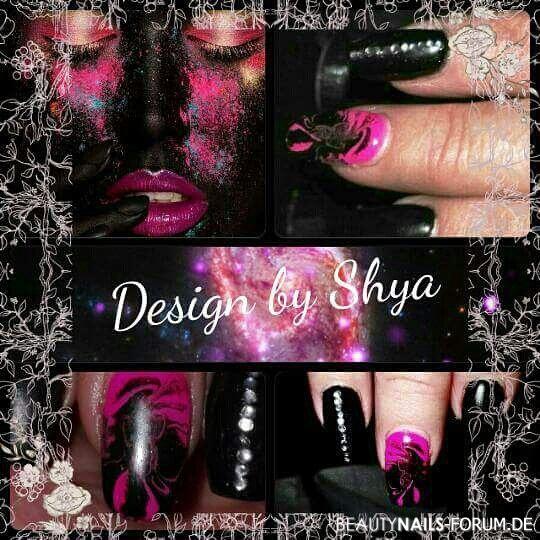 Nailart in Schwarz und Pink mit Steinchen Gelnägel pink schwarz - Design by Shya Nailart