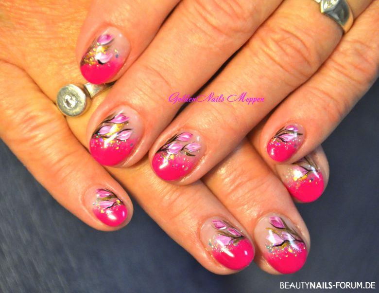 Nailart Sommerblumen mit Pink Gelnägel - Gemalt mit acrylmalfarben Nailart