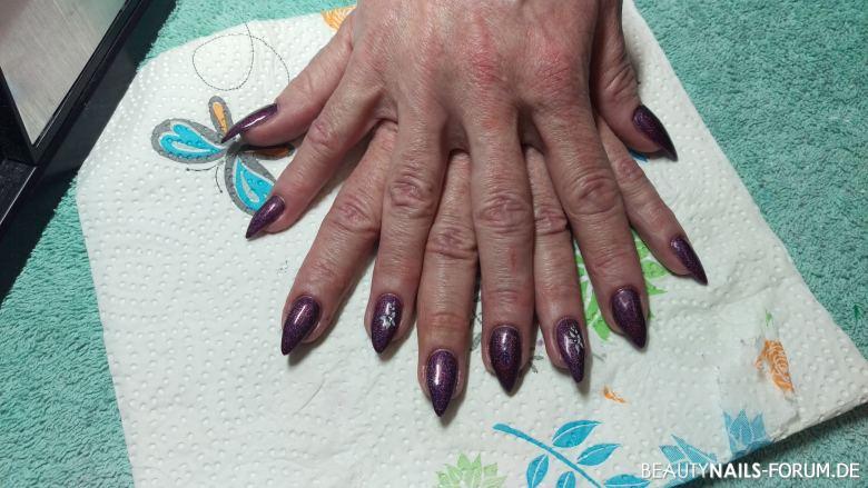 Refill Fiberglasgel deep purple mit stamping Gelnägel lila - Fullcover Hologramm deep purple von jolifin mit Stamping Nailart