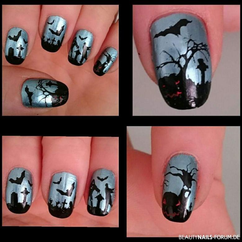 Gruseliges Halloween Nageldesign Halloween Nägel silber schwarz - Halloween Design was nur aus Stamping besteht Nailart