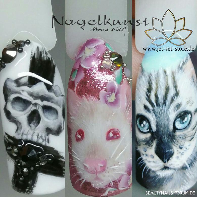 Handgemalte Motive Totenkopf, Maus, Katze Mustertips rosa grau - Mit gel von jet set beauty Nailart
