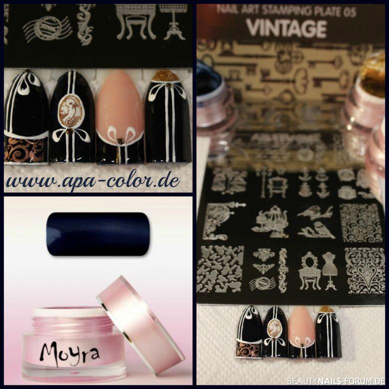Vintage Stamping Nails Mustertips - Hauptfarbe Moyra Super Shine 517 dunkelblau. Gestempelt mit Lack Nailart