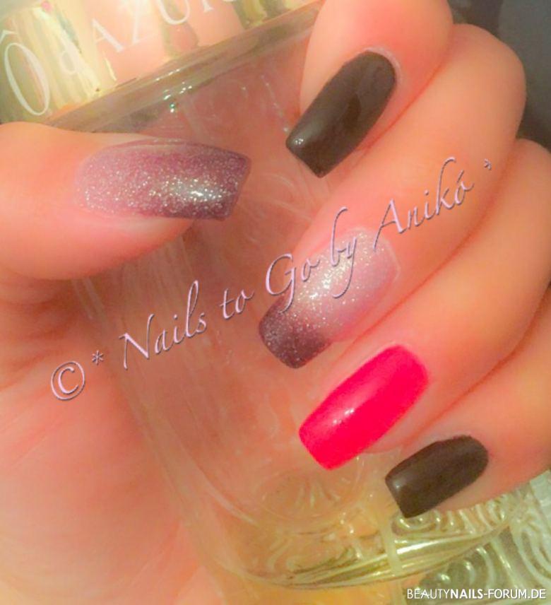 Crazy Color Mix Nageldesign - Gel-Nägel / Pure-Black & Red & Thermo-Black & Silver Nailart