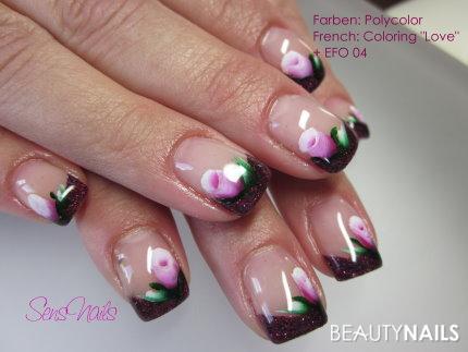 Dunkelrotes Herbstdesign mit onestroke-Rosen Nageldesign - CariLou Moulding natural pink, French CariLou 'Love'+ Rohglitter Nailart