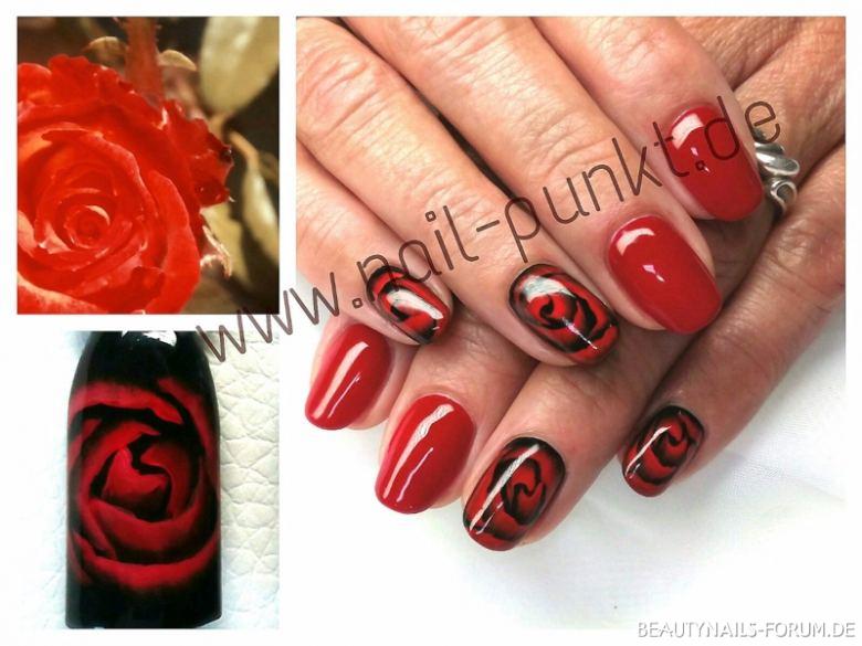 Fullcover rot + schwarz und Rosen Nageldesign - Rose - Acrylfarbe, sonst Pure Red von Touche, Multigel Collack Nailart