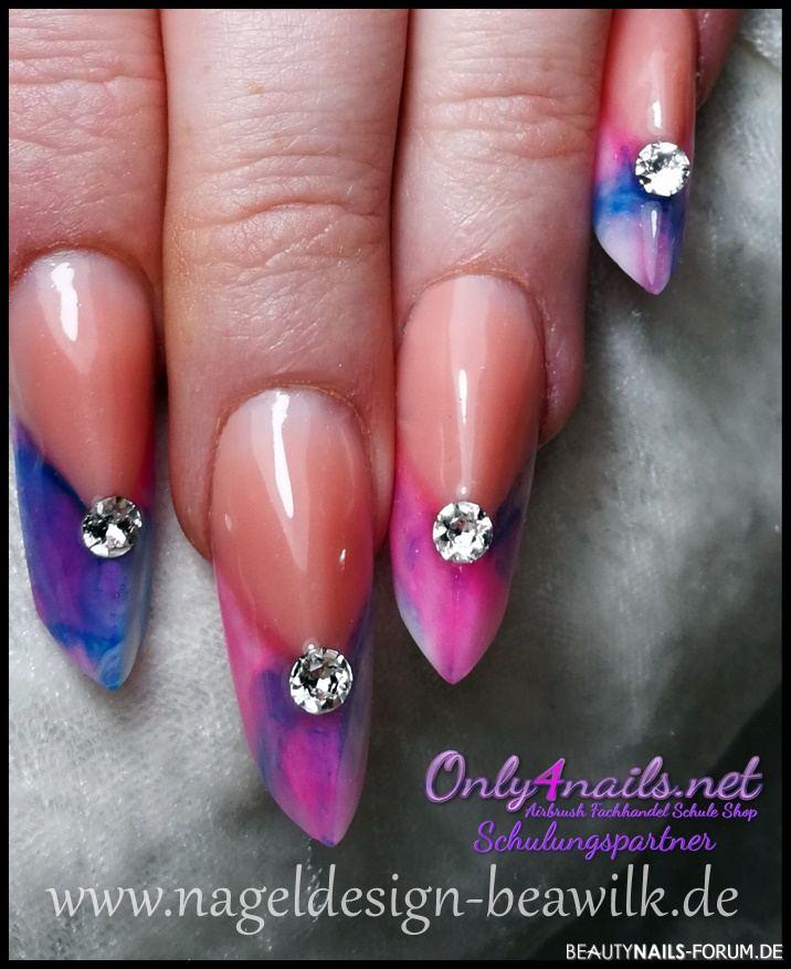Marmor Batik Effekt Nägel mit Strass Nageldesign pink blau - Acryl Gel Nägel .. Marmor / Batik Effekt   Bea Wilk Nagelstudio Nailart