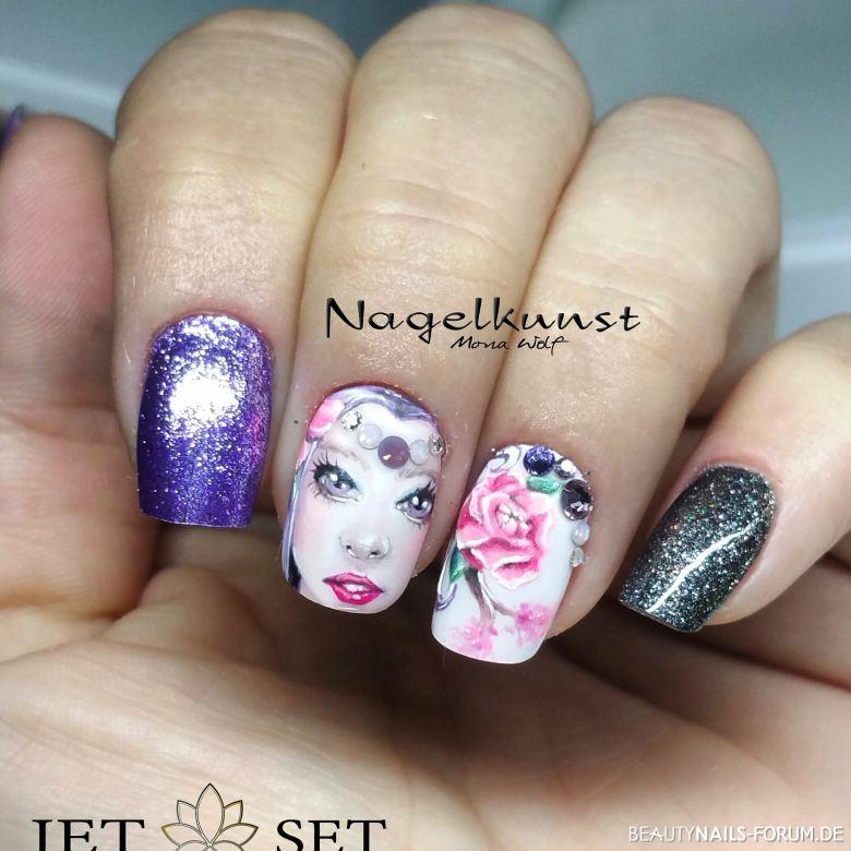 Nagelkunst mit Gelmalerei und Glitzer Nageldesign rosa lila - Selbst gemalt mit gelen von jet set beauty Nailart