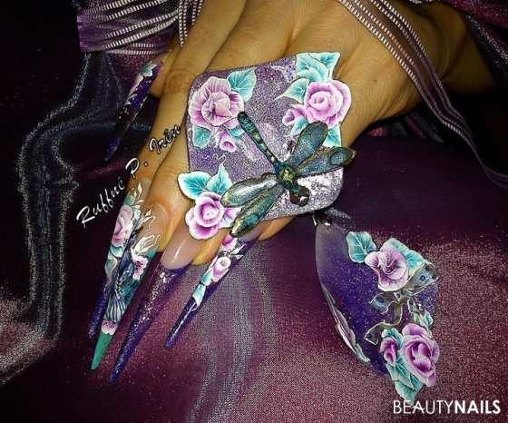 Nail Star Competition II.place Nageldesign - Materials:acrylic powder,polycolor paint,the 3D(flowers:clear Nailart