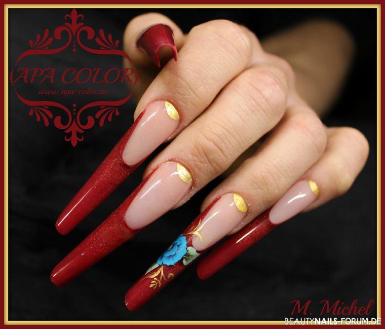 Rote lange Pipe mit one Stroke Nageldesign - Diese Nägel habe ich mit Acryl modelliert. Die Blume und das Nailart