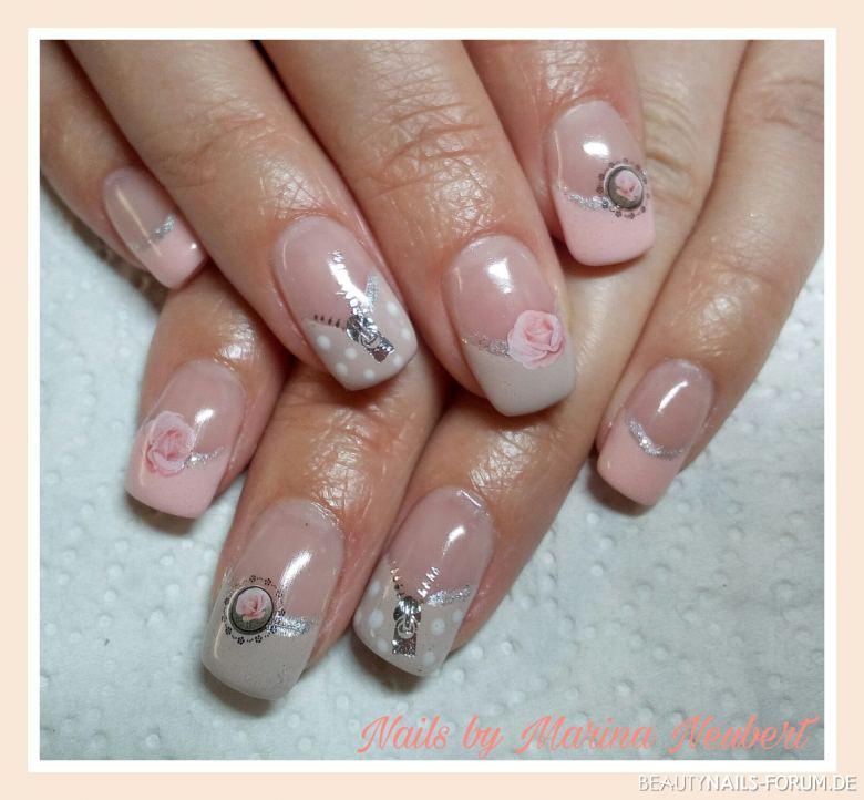 Vintage French Design mit Rose und Reißverschluss Nageldesign rosa nude - Mix NailartNaturnagelverstärkung Nailart