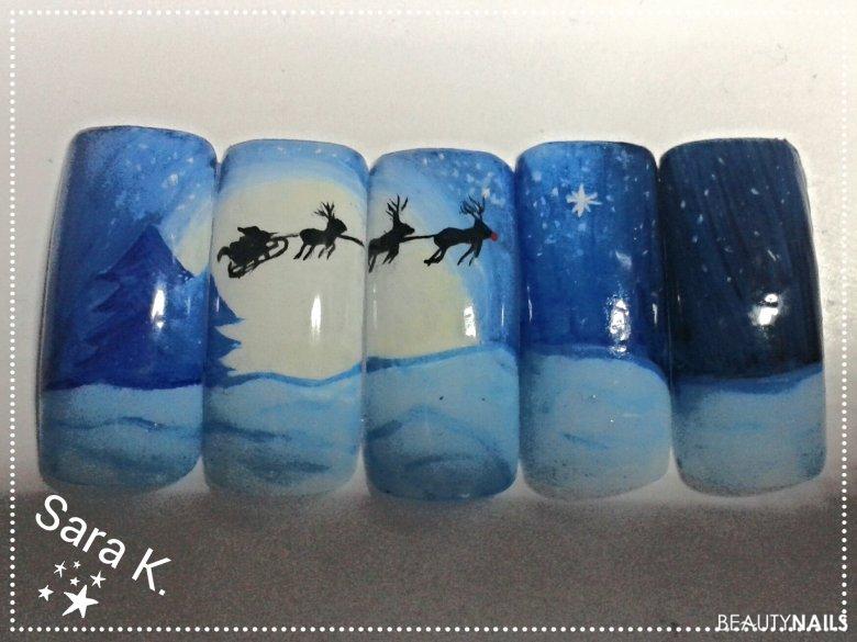 Winternacht, weihnachtsmann und Schlitten :) Nageldesign - Gemalt mit Acrylfarbe von Pintoras Nailart