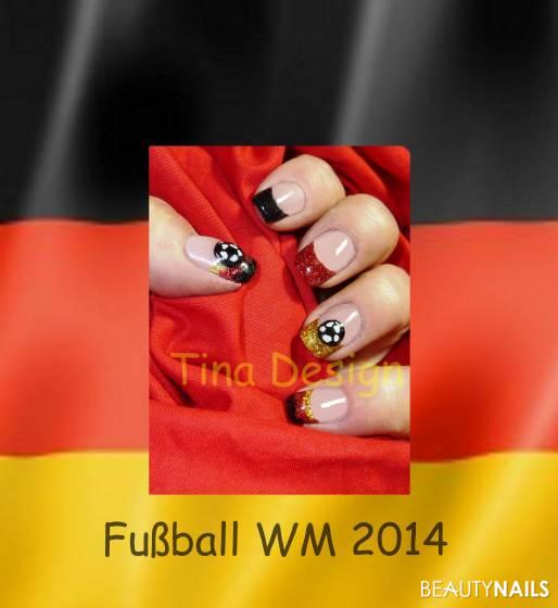 WM 2014 - Nägel Nageldesign - Glitzerfrench in Schwarz-Rot-Gold mit 3-D-Fußbällen Nailart