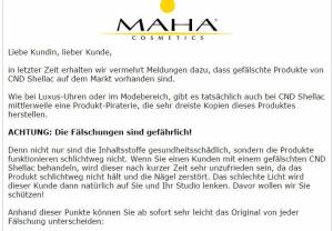 Text Fälschungen von MAHA`s shellac auf dem Markt in Nagellack / UV