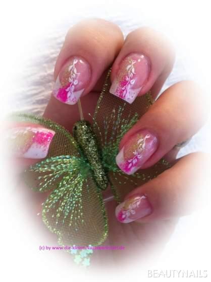 Acrylis mit green/pink glitter Acrylnägel - Acryl, Ezflow cover + Pink + Clear mit grünem und pinkem Glitterpowder Nailart
