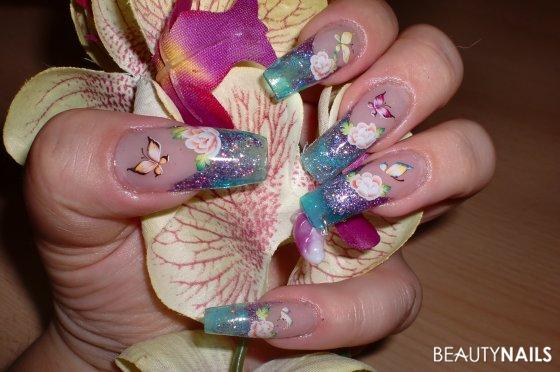 sommerliches Acrylnägel - Hologlitzer lilie von nails in heaven, Powder Nfu Oh, Prismaticolor Nailart