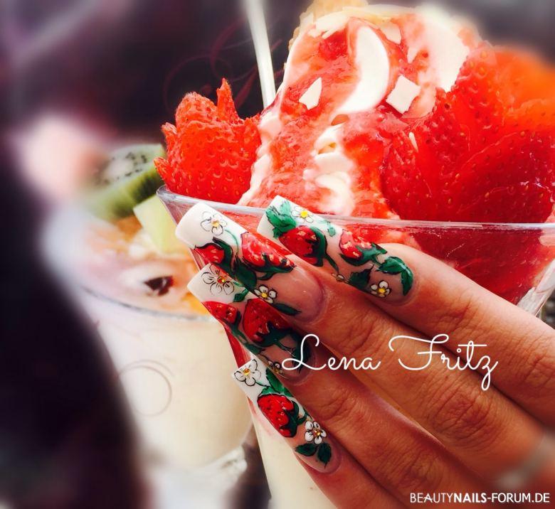 Erdbeeren Nägel Frühling- & Sommer - Acryl modellage gemalt mit Gel - Strawberry Nails Nailart