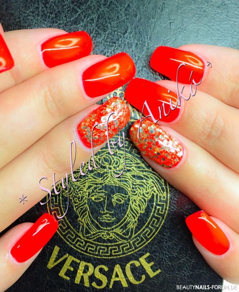 Neon Fire-Red & Gold-Glitter Nails