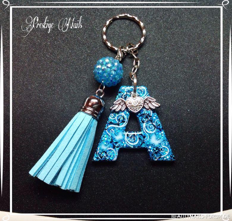 Schlüsselanhänger Blau Gegenstände - Acrylrohling mit Glitzer und Stamping. Nailart