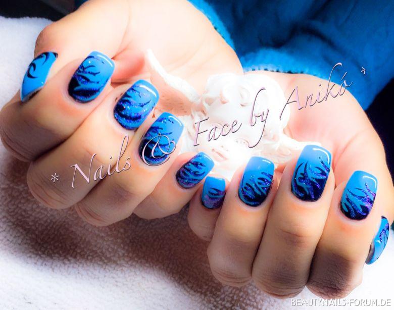 Blue-Flames Nails Gelnägel - Naturnagelverstärkung mit Gel / Carbon Baby-Blue & Black Nailart