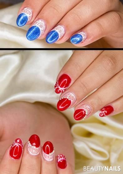 Fullcover with Abstraction Gelnägel - Red & Blue mit Schnörkel, verziehrung Nailart