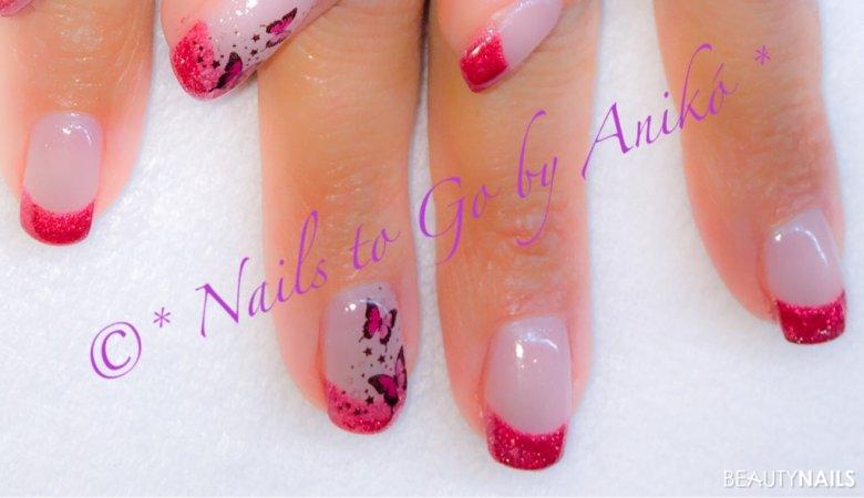 Gel-Neuanlage / Color-French Red-Fine-Glitter & Butterfly-Sticker
