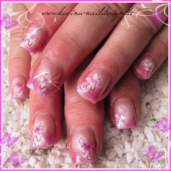 Glitter mit Schmetterling Gelnägel - rosaglitter mit airbrush Nailart