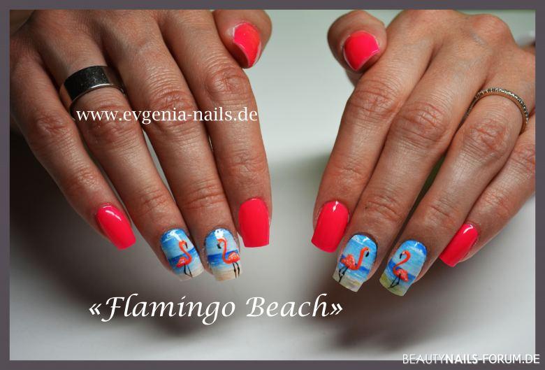 knallige Urlaubsnägel mit Flamingo-Motiv Gelnägel rot blau - Malerei mit Farbgele Nailart