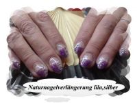 Lila glitter, silber, Naturnagelverlängerung Gelnägel