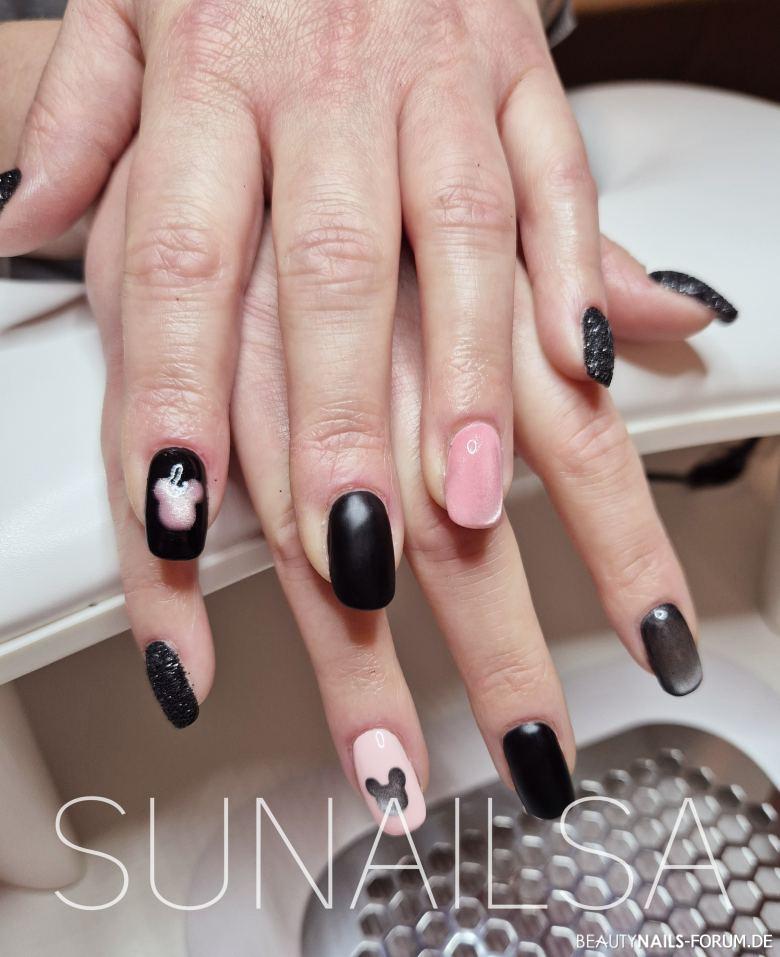 Micky Maus Gelnägel rosa schwarz - Rosa Cat-Eye Nailart