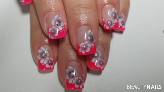 Neon Pink mit Glitzer & Blume Gelnägel - Normales French mit Glitzer & Airbrush Blume Nailart