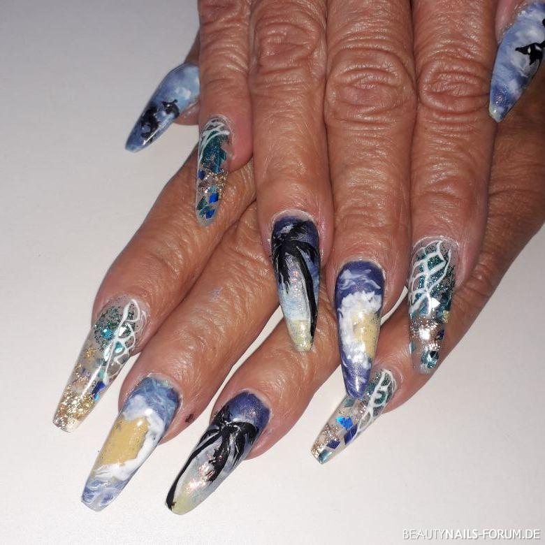 Ocean Nägel Gelnägel blau weiss - Neuanlage meiner Nägel mit handgemalten Motiven.Ich freue mich Nailart