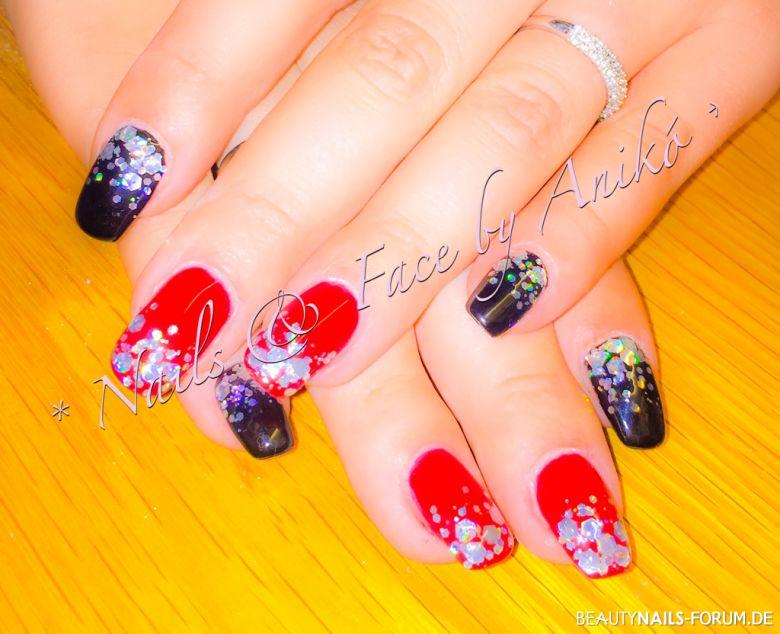 Red & Black & Crystal Silver Nails
