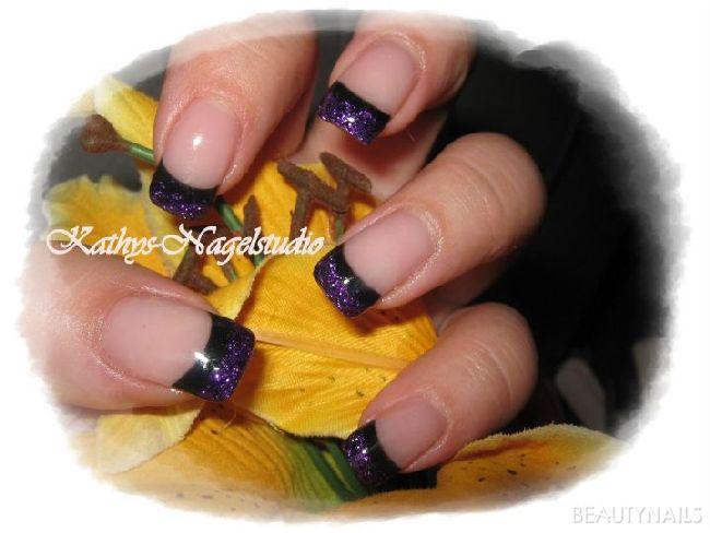 Schwarz mit Lila glitzer Gelnägel - cover gel ,aufbau und versieglung sowie french schwarz mit lila Nailart