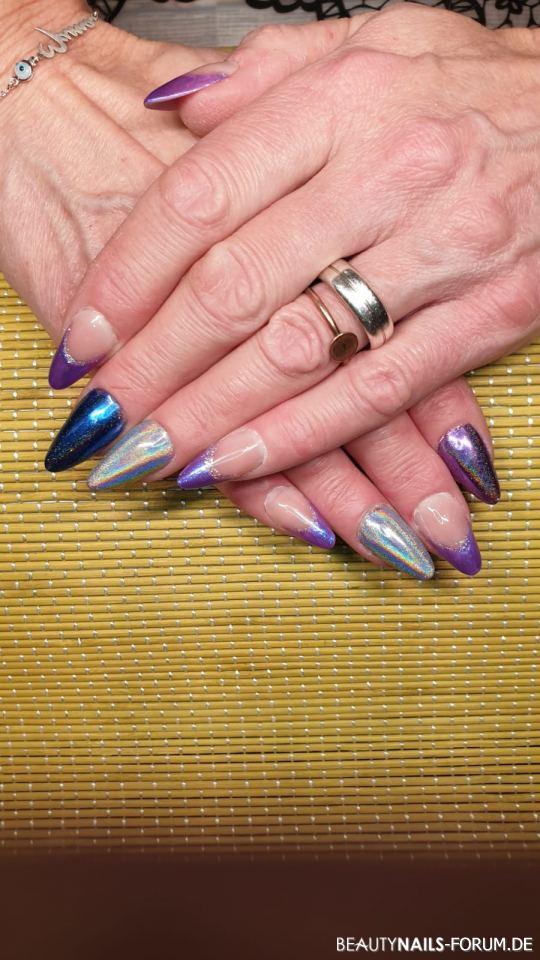 Spitze Acrylgel Nägel mit Chrome Gelnägel lila blau silber - Jetzt noch mal ein komplettes Bild    Nailart