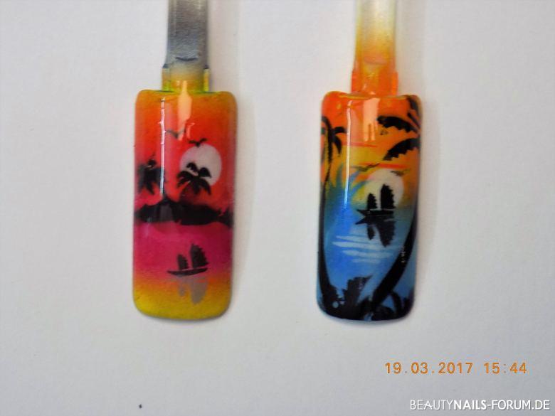 Airbrush mit Inselmotiv, Palmen, Meer Mustertips bunt - Reif für die Insel Nailart