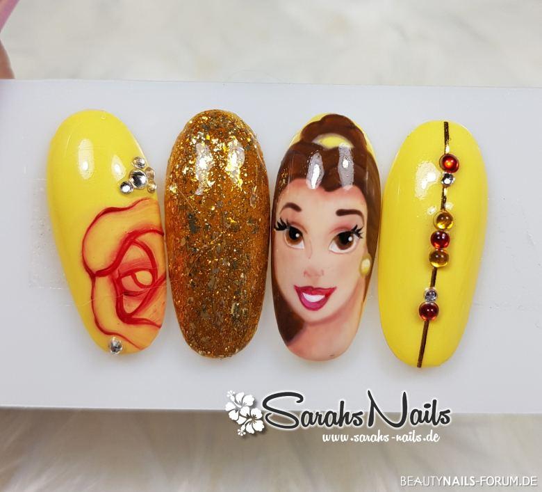 Die Schöne und das Biest - Belle Mustertips gelb bunt - Disney, Belle, Gelpainting Nailart