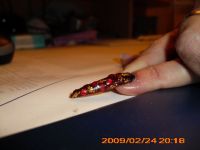 Erster Acrylversuch-Stiletto mit Stamp-Brush,Goldglitter und roten Palietten - 004 Mustertips