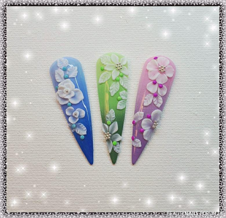 Farbverläufe mit Plastilin Blumen Mustertips bunt - Verschiedene Farbverläufe mit Plastilin Blumen-Designs Nailart