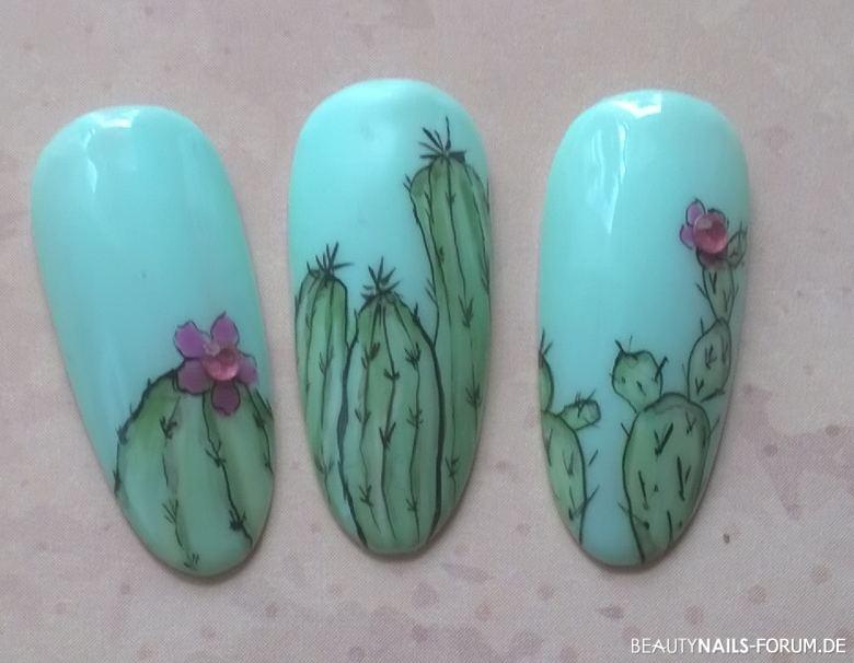 Gelmalerei Kaktus mit Blüte Mustertips grün türkis - Hatte ich so ähnlich gesehen und musste es gleich nachmachen, Nailart