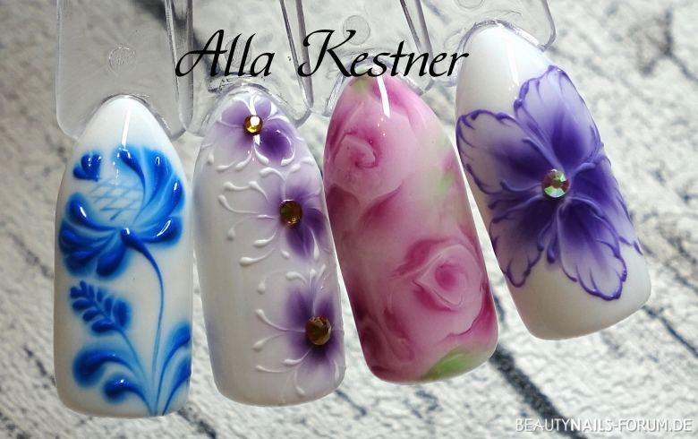 Nass in Nass Technik mit Aquarell Gel. Mustertips pink lila blau weiss - Blumen Design mit Videsam Aquarell Gel und Gel Pasta. Nailart