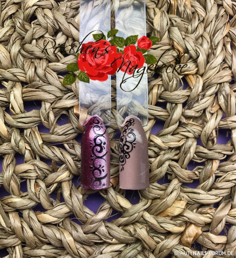Ombre-Nailart mit Gelmalerei Schnörkel Mustertips lila braun - Links beide Farben von aretini, rechts beide Farben von unguis Nailart