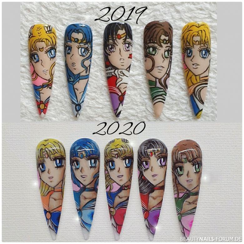 Vorher / Nachher Sailor Moon Charaktere Mustertips bunt - Sailor Moon Charaktere von 2019 noch mal neu gemalt. Gemalt mit Nailart