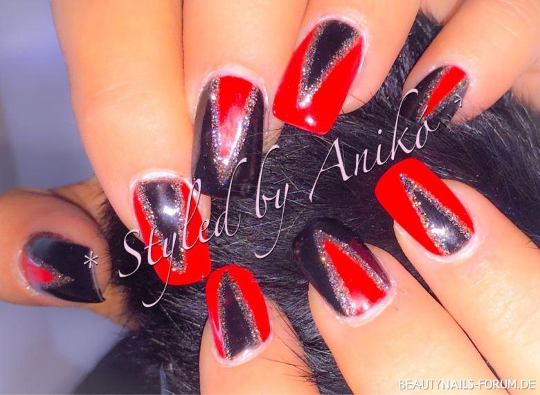 Black & Red & Glitter Nails