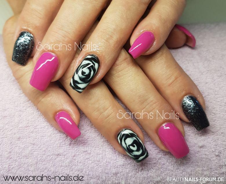 Blooming Nails Nageldesign pink schwarz weiss - Rose, Acryl, Pink, Blooming gel, nass in nass, fullcover Nailart
