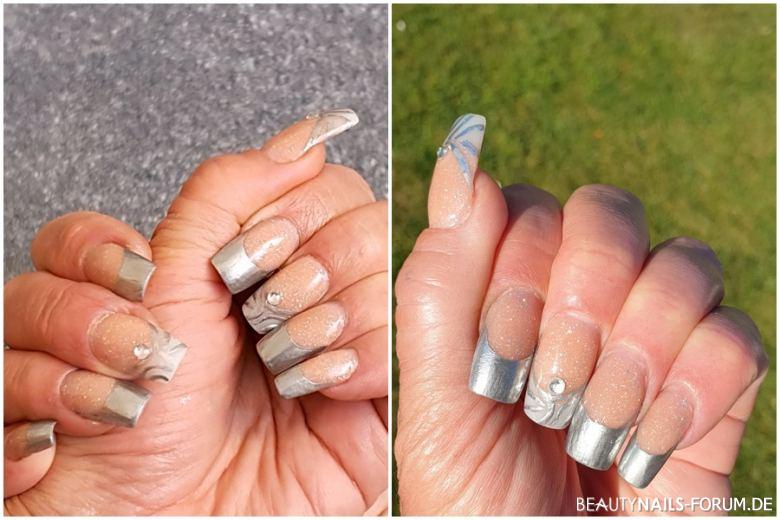 Chrom-Spiegel French mit Strasssteinchen Nageldesign silber nude - Extension Gel Born Pretty mit feinem Glitzer und opalwhite in Nailart