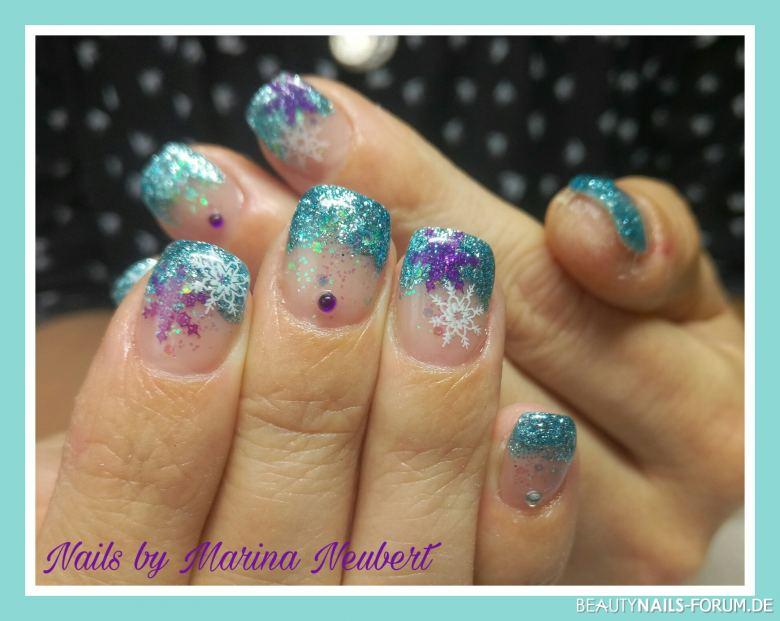 French Glitter Blue mit lila Stamping Nageldesign lila türkis weiss - Naturnagelverstärkung Nailart